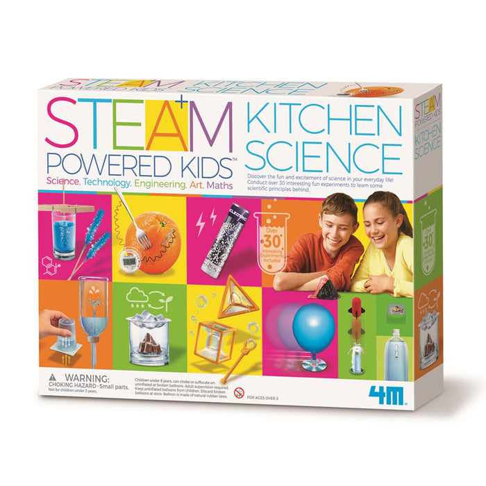Box for 'Steam Powered Kids Kitchen Science' educational kit with colorful design and 4M branding.