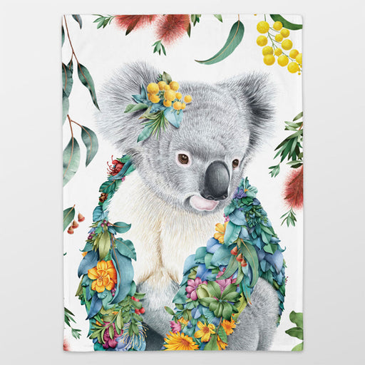 Illustration of a koala surrounded by flowers and leaves on a white background