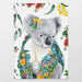 Illustration of a koala surrounded by flowers and leaves on a white background
