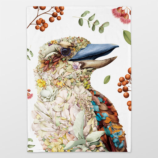 Decorative tea towel with a floral and nature-themed design on a white background