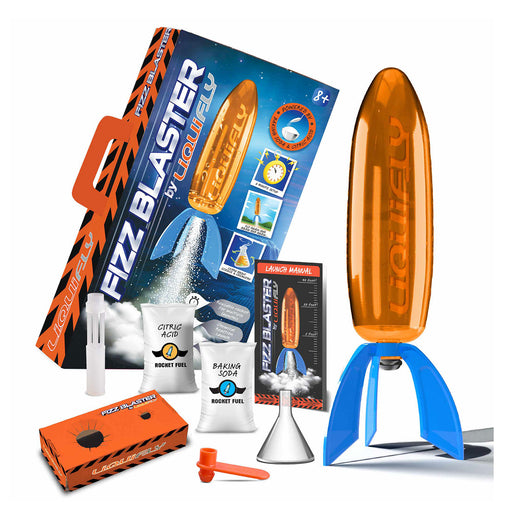 Fizz Blaster by Liquiflye kit with rocket, packaging, and components on a white background