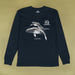A dark navy long-sleeve t-shirt with a whale graphic and '40th Australian Geographic' text on the front, laid flat on a solid olive-green background.