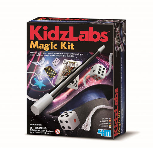 Box of KidzLabs Magic Kit with magic sticks and dice on a white background