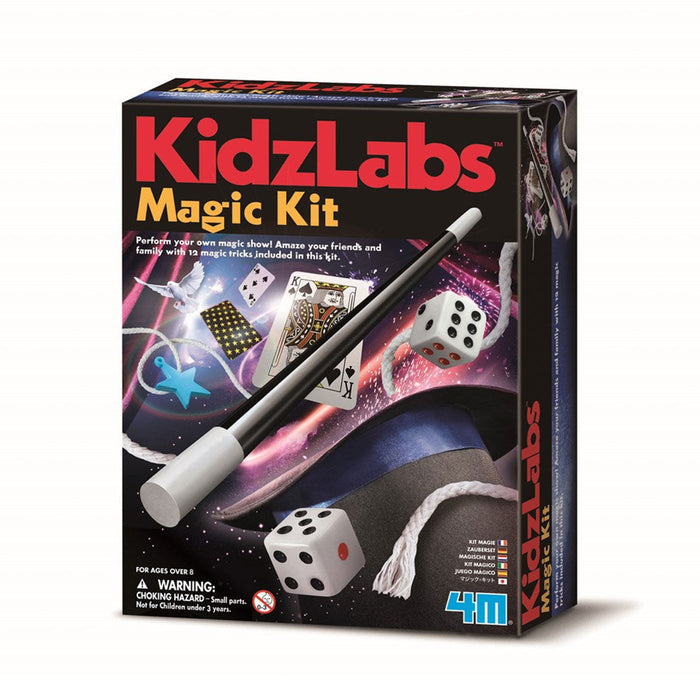 Box of KidzLabs Magic Kit with magic sticks and dice on a white background