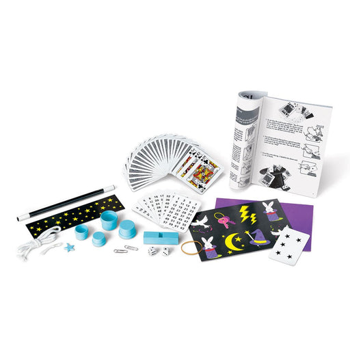 Collection of magic tricks and props on a white background