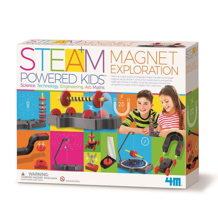 Box for 'Steam Powered Kids Magnet Exploration' educational toy set with colorful design and images of children playing.