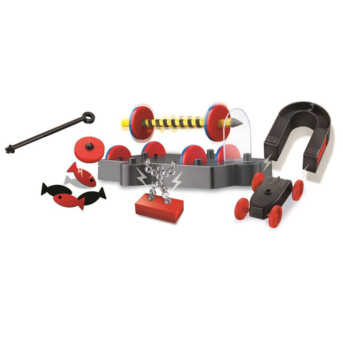 Toy magnetic game with various components on a white background