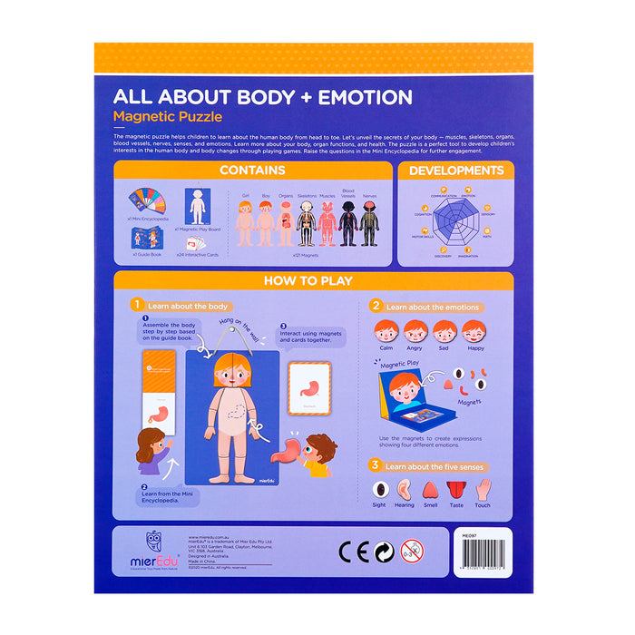 Magnetic puzzle packaging for 'All About Body + Emotion' with educational illustrations and text.