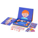 Educational toy set with colorful packaging featuring a cartoon character, including cards and parts on a white background.