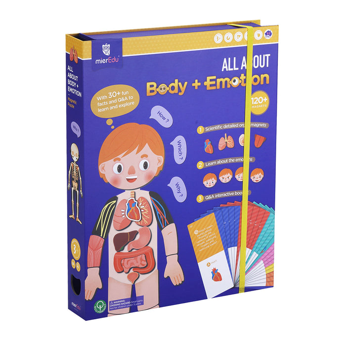 Educational toy packaging for a body and emotion learning set on a white background
