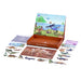 Dinosaur-themed educational toy set with puzzles and illustrations on a white background