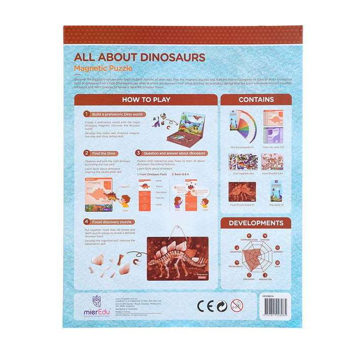 Back of a dinosaur magnetic puzzle packaging with instructions and illustrations.