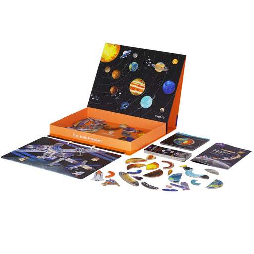 Solar system-themed puzzle set with packaging on a white background