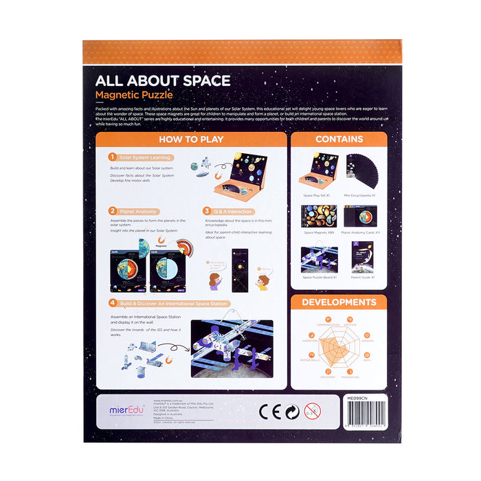 Back of a space-themed magnetic puzzle packaging with text and illustrations.