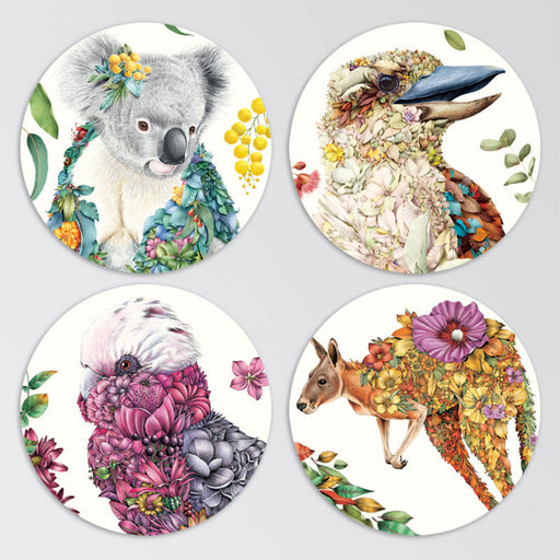 Four circular coasters featuring animal illustrations with floral elements on a gray background.