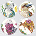 Four circular coasters featuring animal illustrations with floral elements on a gray background.