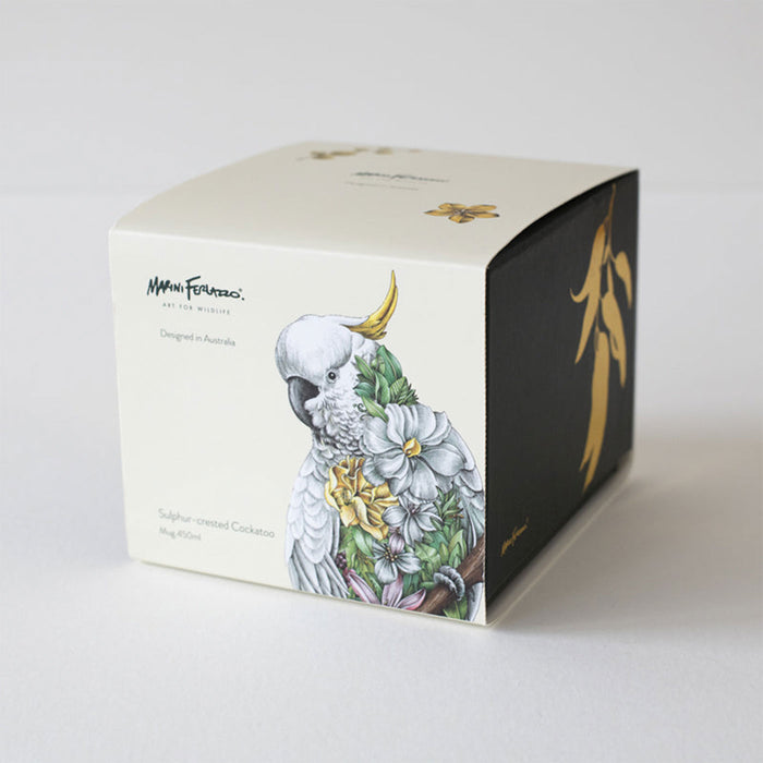 Decorative box with a cockatoo illustration and brand name on a white background