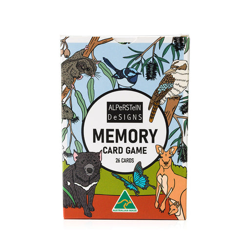Memory card game box with Australian animals illustration on a white background