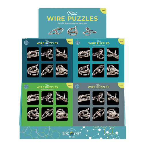 Packaging of Mini Wire Puzzles with wire puzzles displayed on a white background
