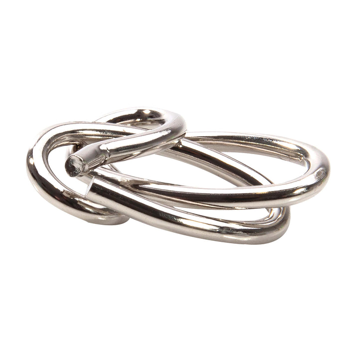 Three interlocking silver rings on a white background
