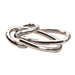 Three interlocking silver rings on a white background