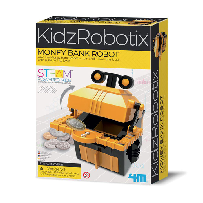 Box of KidzRobotix Money Bank Robot with 4M branding on a white background