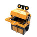 Toy robot with yellow and black color scheme on a white background