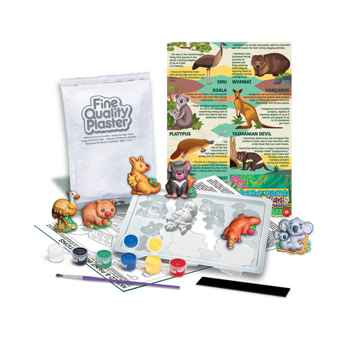 Children's craft kit with animal-themed plaster casts and educational material on a white background