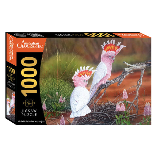 Jigsaw puzzle box featuring two cockatoos on a branch with Australian Geographic branding.