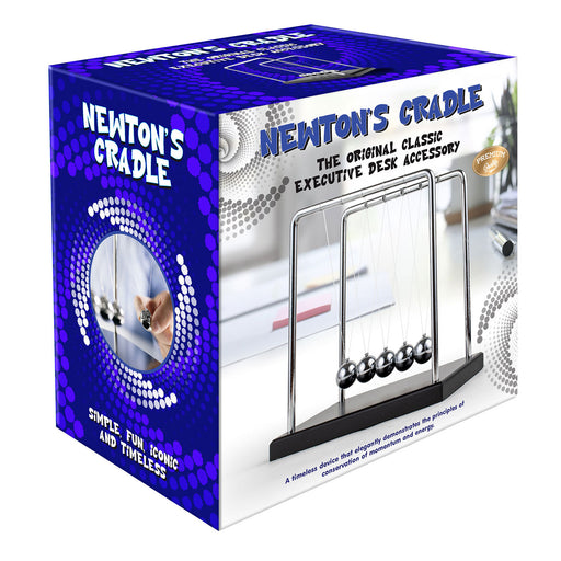 Box packaging of Newton's Cradle with blue and white design
