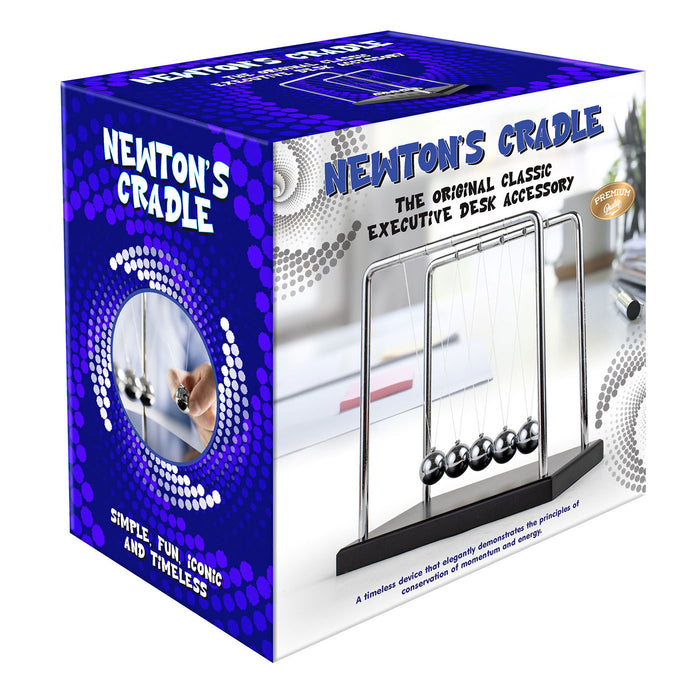 Box packaging of Newton's Cradle with blue and white design