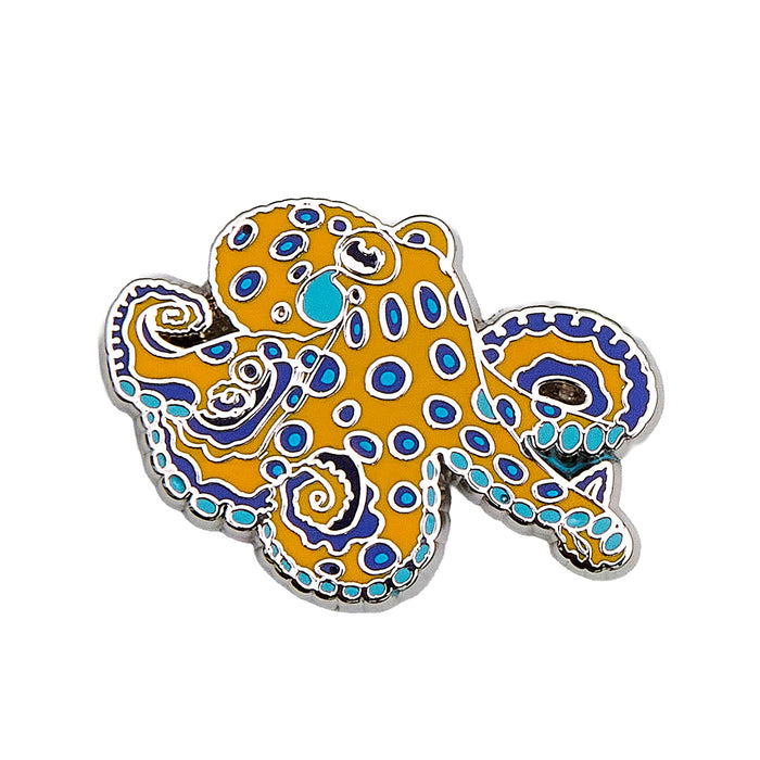 Colorful octopus-shaped pin on a white background