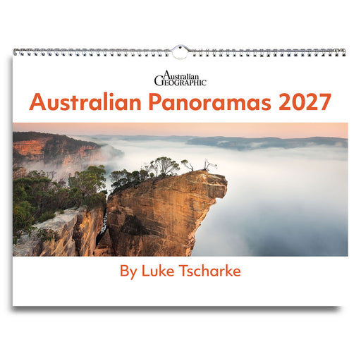 Australian Geographic wall calendar cover titled 'Australian Panoramas 2027' by Luke Tscharke, featuring a landscape photo of a rock cliff above a sea of clouds.