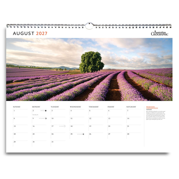 A single-page August 2027 wall calendar spread showing a lavender field landscape photograph across the top and a monthly calendar grid with weekday boxes below on a white page. The brand name 'Australian Outback' appears in the top right.