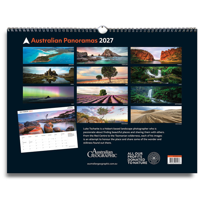 Australian Panoramas 2027 wall calendar shown from the back, featuring a dark navy background, a grid of landscape photographs, a October 2026 page preview, and the Australian Geographic branding.