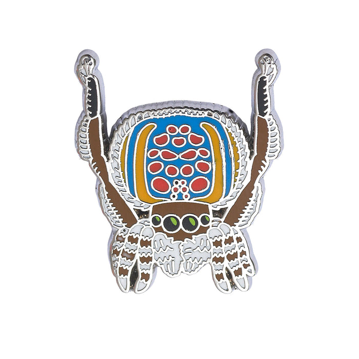 Colorful crab-shaped badge with a decorative shell on a white background