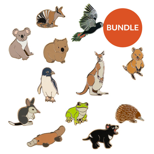 Collection of various animal pins with a 'BUNDLE' label on a white background