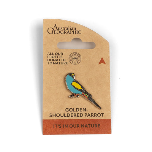 Pin with a golden-shouldered parrot design on Australian Geographic packaging.