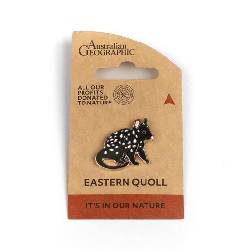 Pin with Eastern Quoll design on Australian Geographic packaging