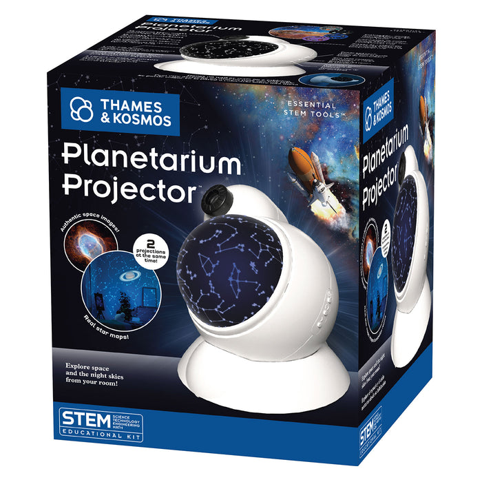 Thames & Kosmos Planetarium Projector educational kit in its retail packaging, featuring a white dome-shaped projector with a blue starry night sky display, shown on a clean white background.