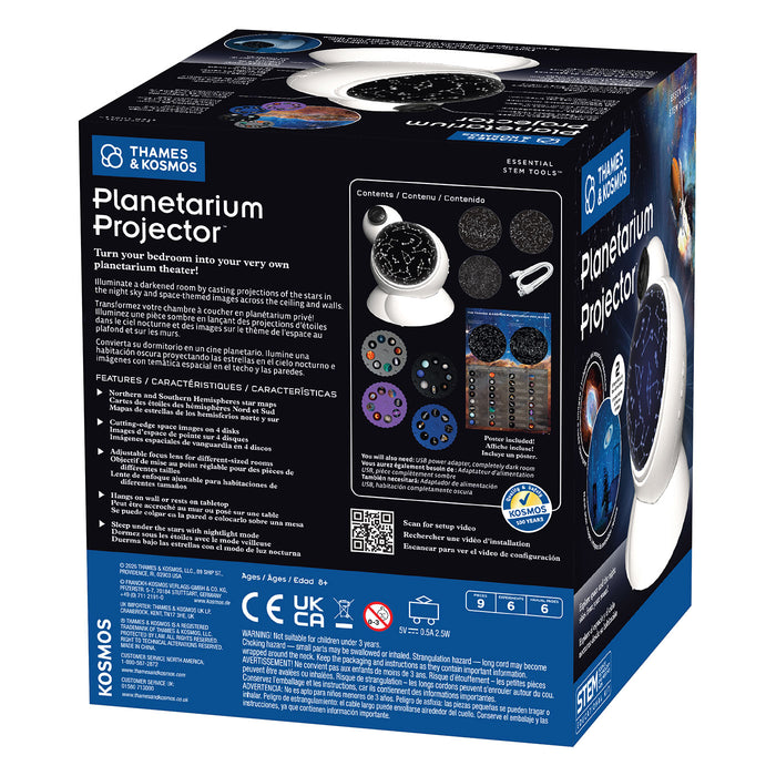 Thames & Kosmos Planetarium Projector kit packaging box, showing the front and back panels with product details, contents, and instructions.