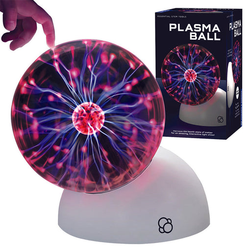 Plasma ball with colorful electric display and packaging in the background