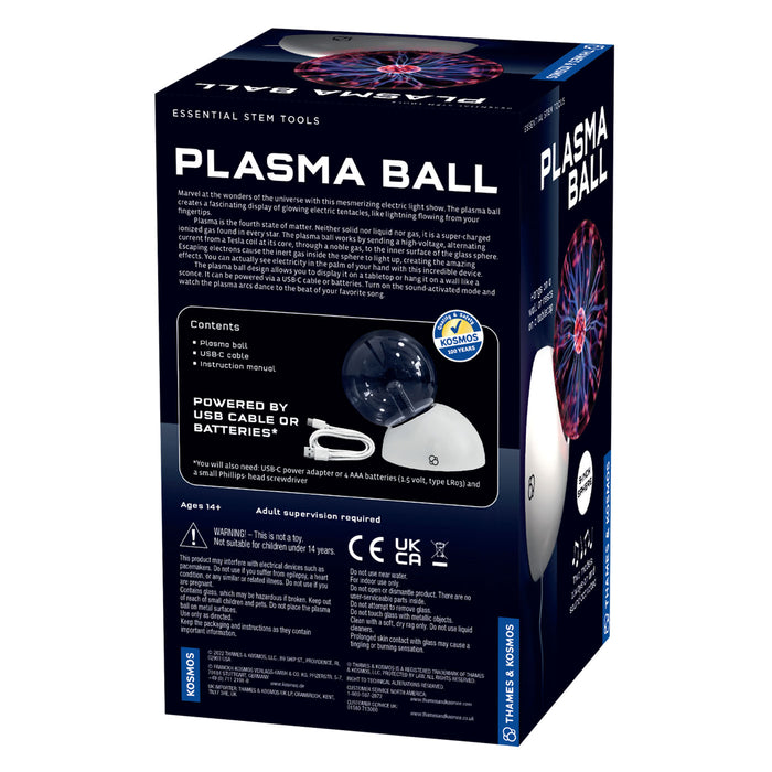 Box packaging of a plasma ball toy with text and graphics on a white background