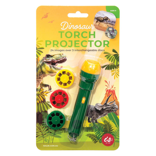 Dinosaur torch projector with interchangeable discs on a colorful packaging