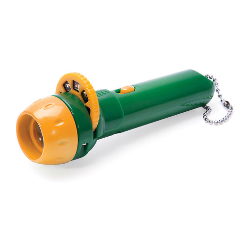 Green and orange flashlight with a chain on a white background