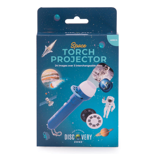 Space-themed torch projector packaging with illustrations of planets and astronauts on a blue background.