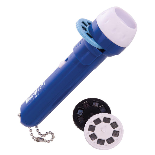 Blue flashlight with a View-Master reel attachment on a white background