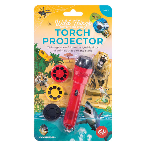 Packaged torch projector with interchangeable discs featuring animals on a colorful background