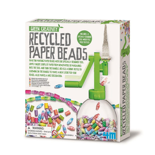 Box of 4M Recycled Paper Beads craft kit with colorful beads and green tool illustration.