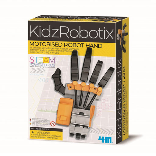 Box of KidzRobotix motorized robot hand toy with 4M branding